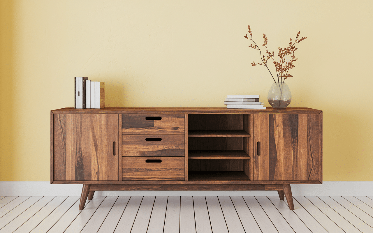 buffet transformé en meuble de salle de bain vintage bois patiné