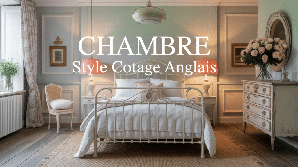 Chambre style cottage anglais élégante avec lit fer forgé blanc et couleurs douces