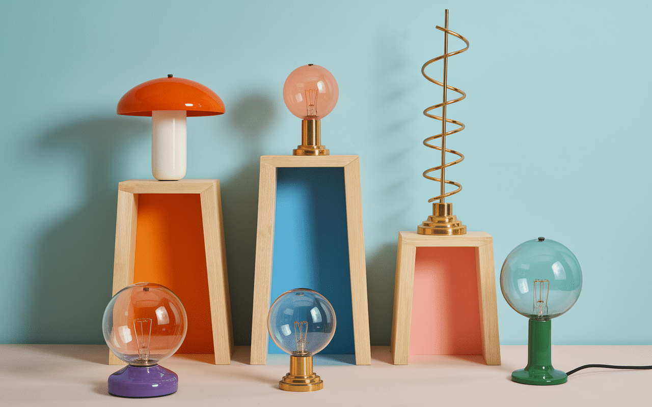 Collection lampe année 70 formes variées sur étagère