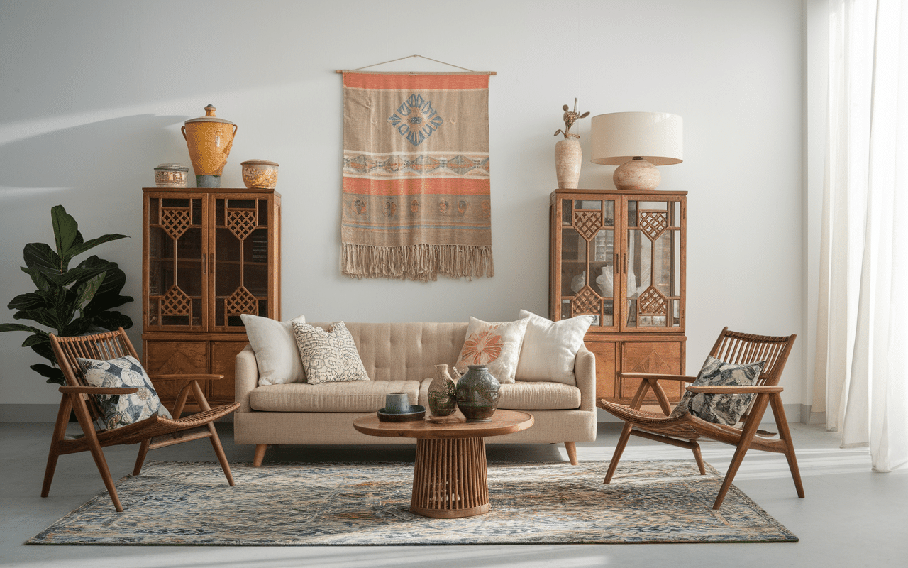 Décoration indie home, objets vintage, couleurs vives, ambiance créative