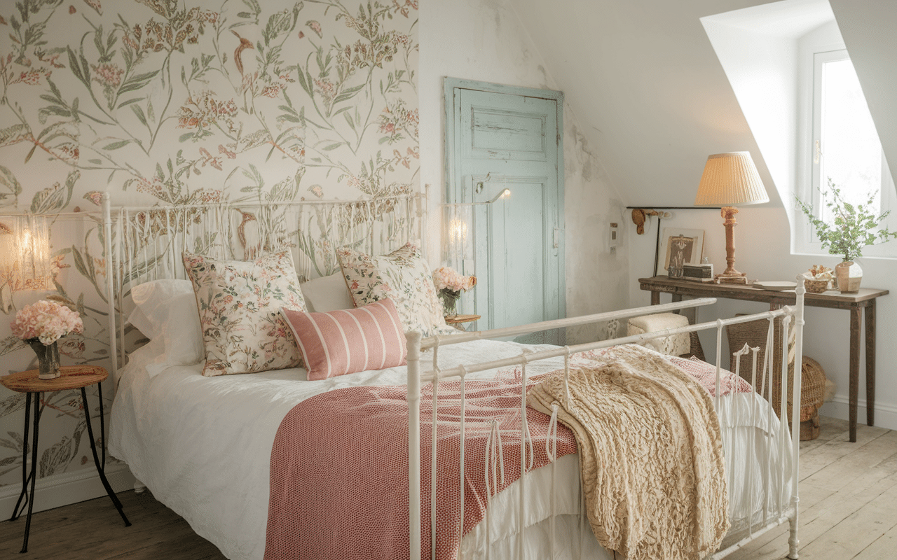 Ambiance chaleureuse chambre style cottage anglais meubles bois et tons pastel