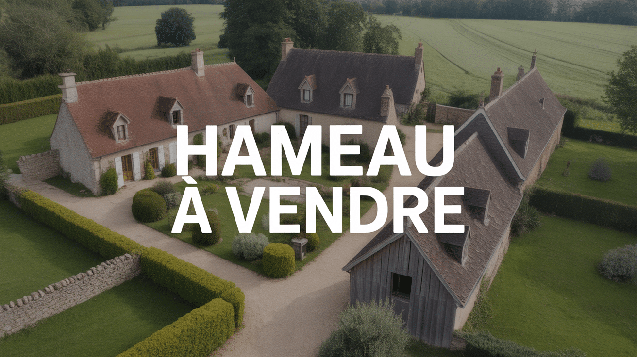 hameau a vendre vue aerienne batiments pierre champs