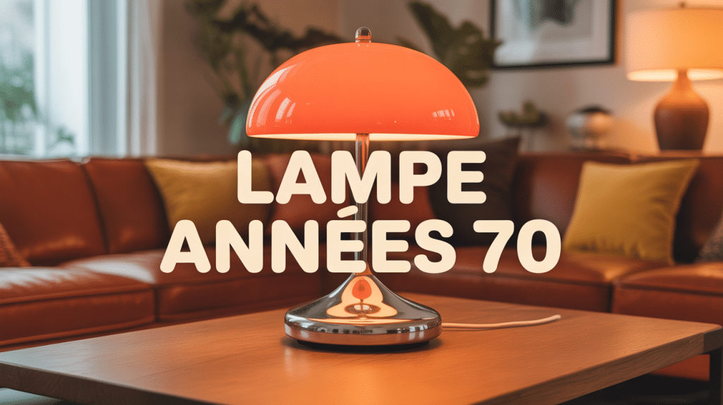 Lampe année 70 champignon orange sur table dans salon rétro