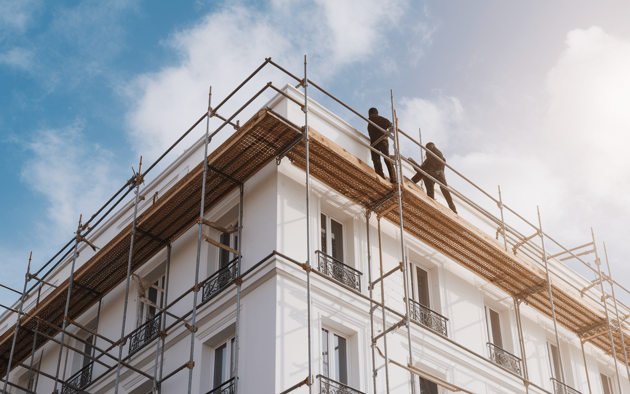 Chantier rénovation immeuble année 70 isolation façade