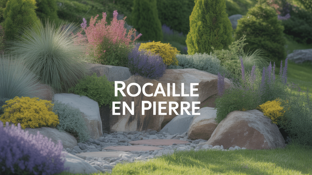 rocaille en pierre avec plantes alpines colorées