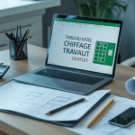 Bureau avec ordinateur affichant tableau excel chiffrage travaux gratuit