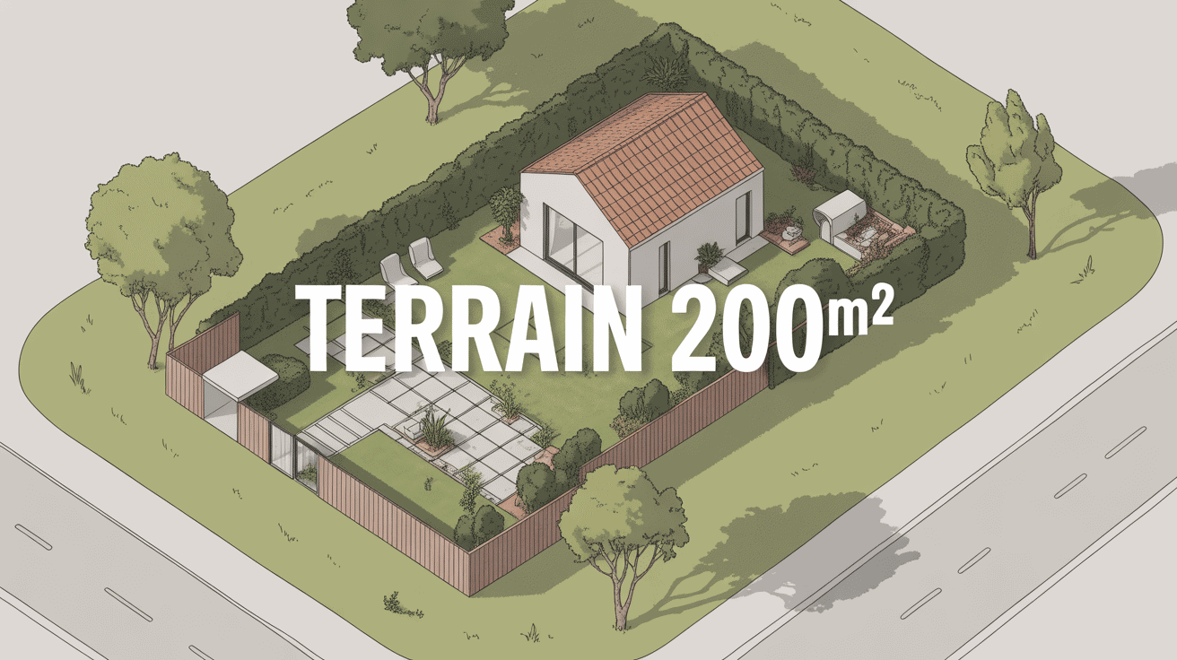 Illustration terrain 200m2 avec maison et jardin