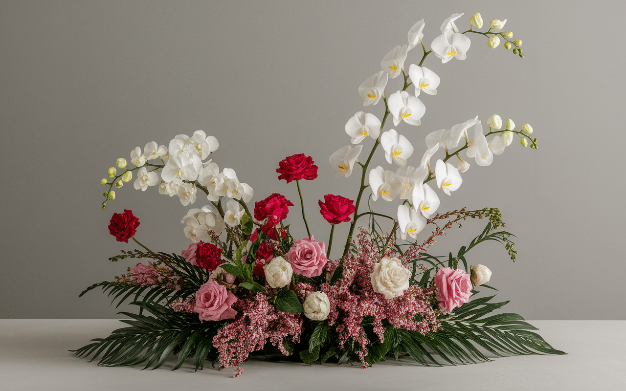 Top fleurs bouquet mariée roses pivoines gypsophile lys orchidées