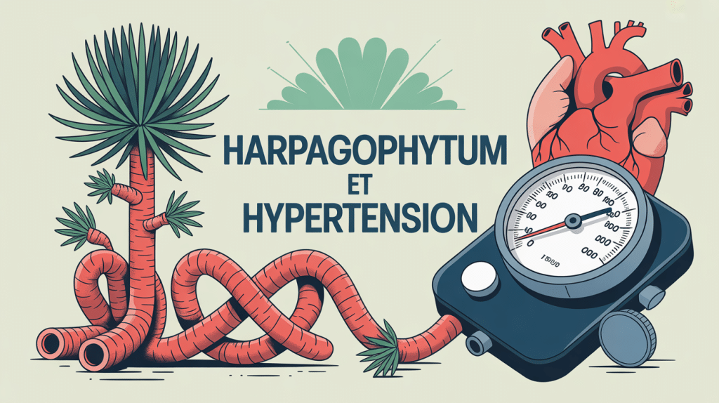 Harpagophytum et hypertension, plante avec cœur et tensiomètre