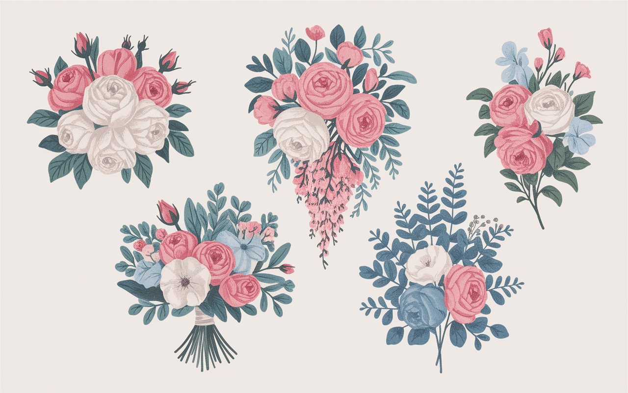 Différents styles bouquet mariée roses pivoines champêtre hiver