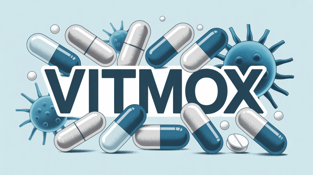 Vitmox gélules et comprimés sur fond bactéries stylisées