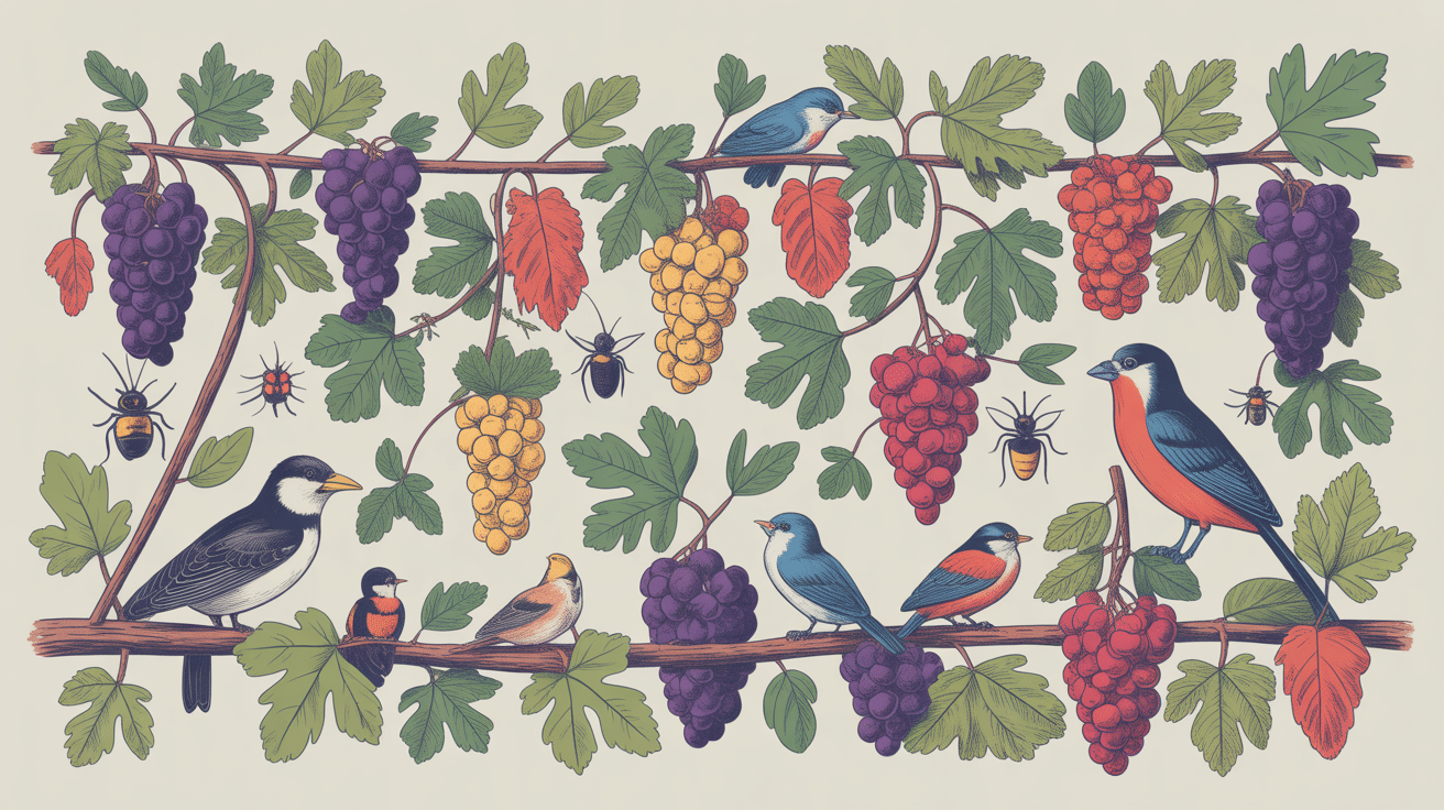 Haie vigne dense avec oiseaux et raisins