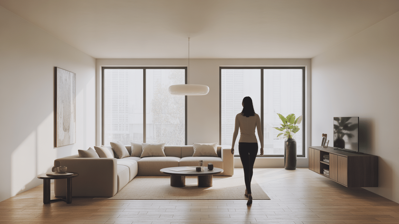 Personne dans salon hauteur sous plafond 2m40 mobilier bas