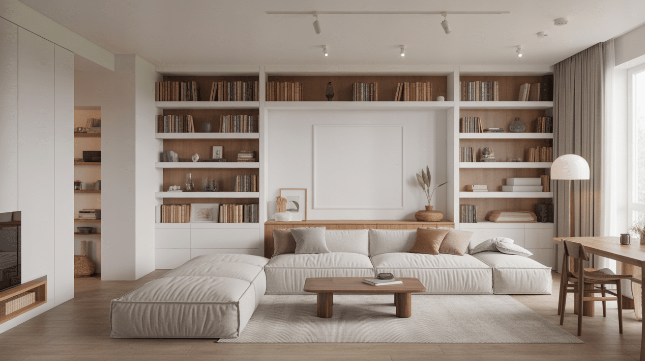 Mobilier bas et rangements salon hauteur sous plafond 2m40