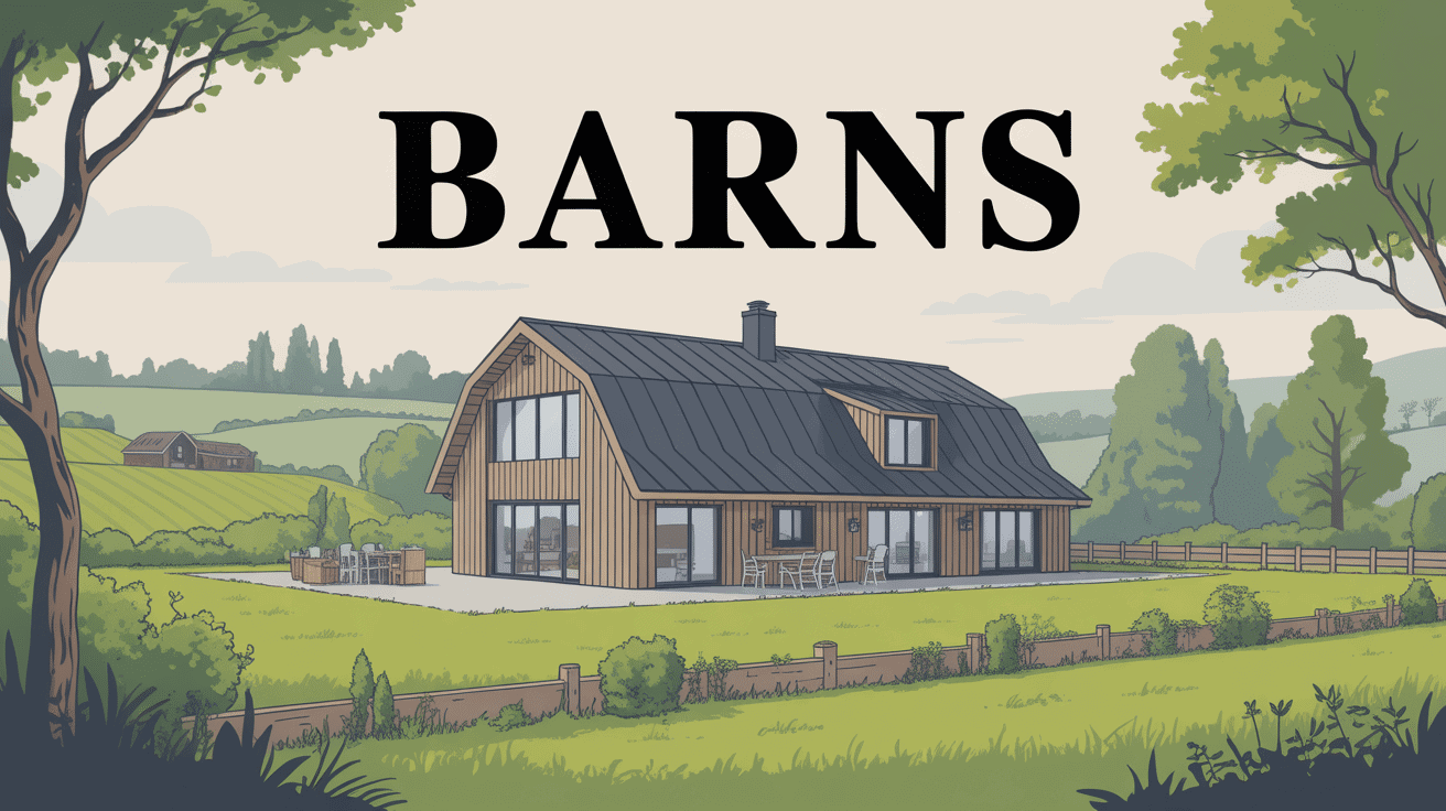 Vue d'une maison barn moderne avec bardage bois et baies vitrées