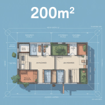 Vue plan technique de 200m2 avec zones d'amenagement