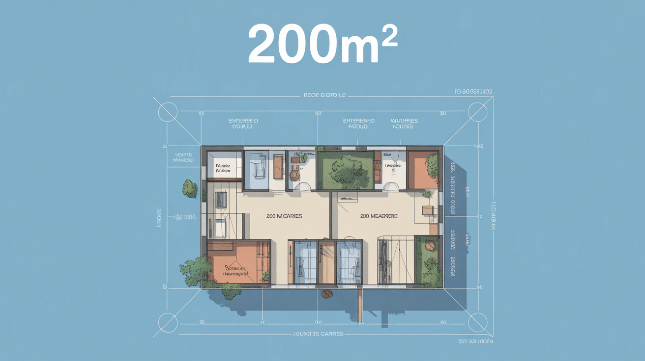 Vue plan technique de 200m2 avec zones d'amenagement