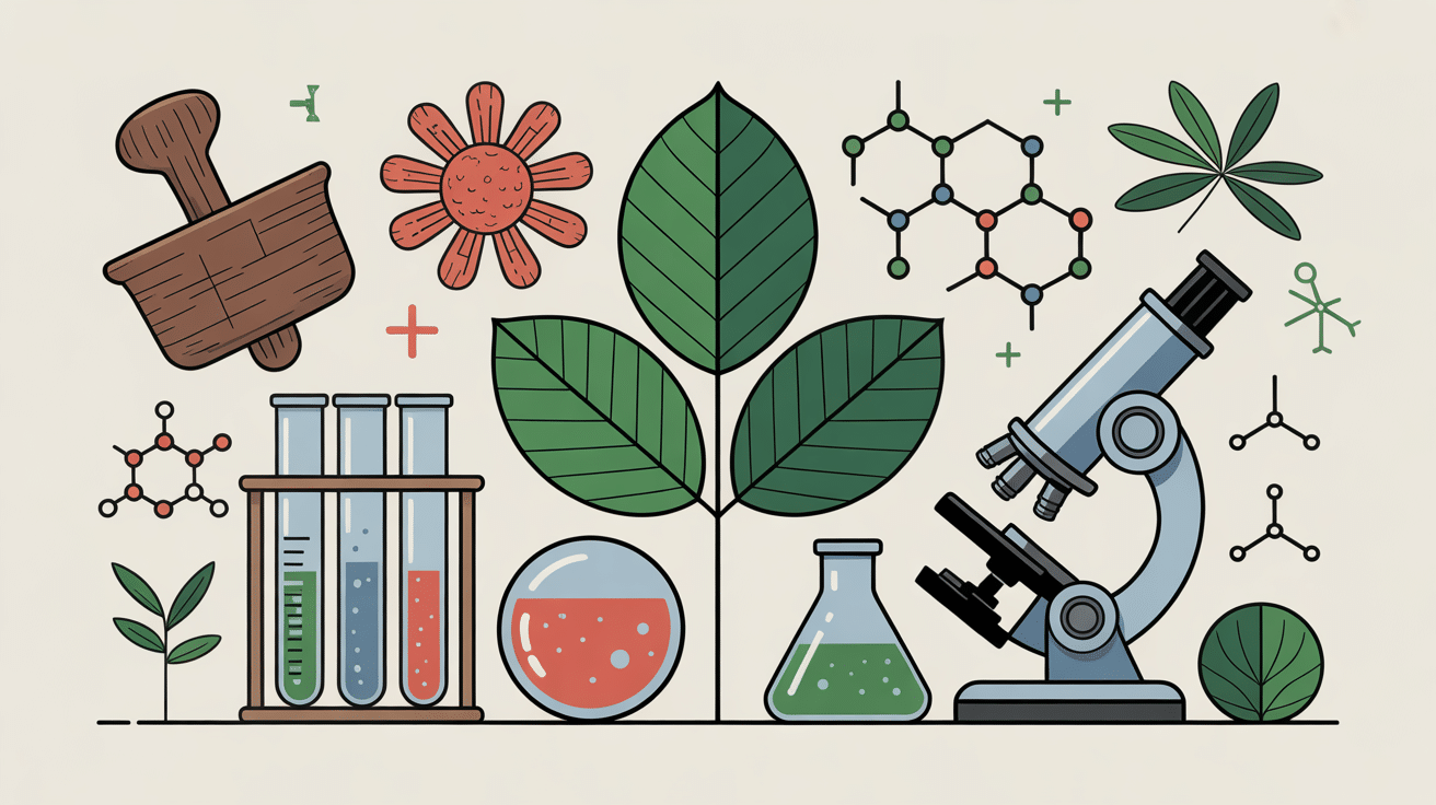 Senesene bienfaits science tradition illustration mortier tube plante