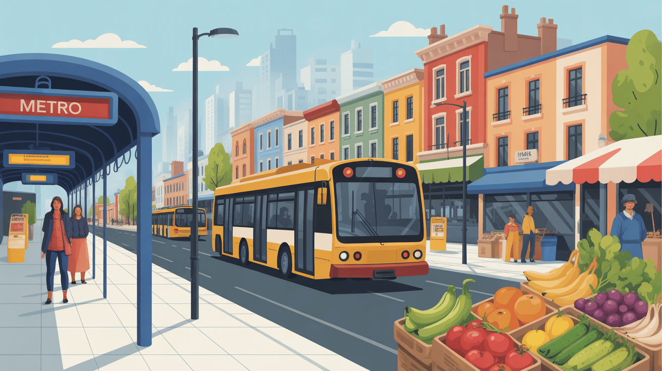 Scène métro bus commerces marché rouffignac bagnolet