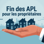 Illustration de la fin des APL pour les propriétaires, main se retirant au-dessus de maisons