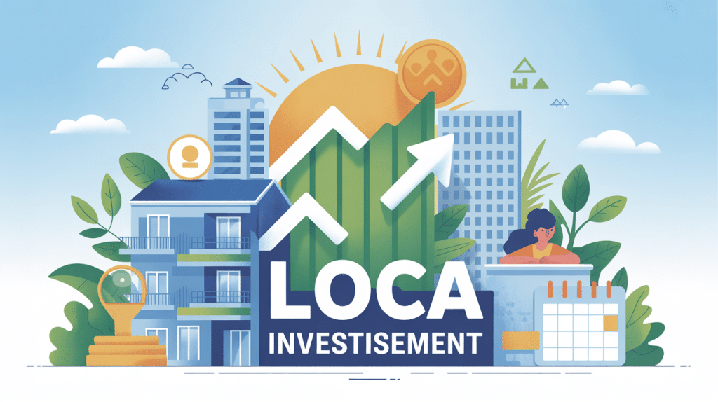 illustration loca investissement avec immeubles et symboles de gestion