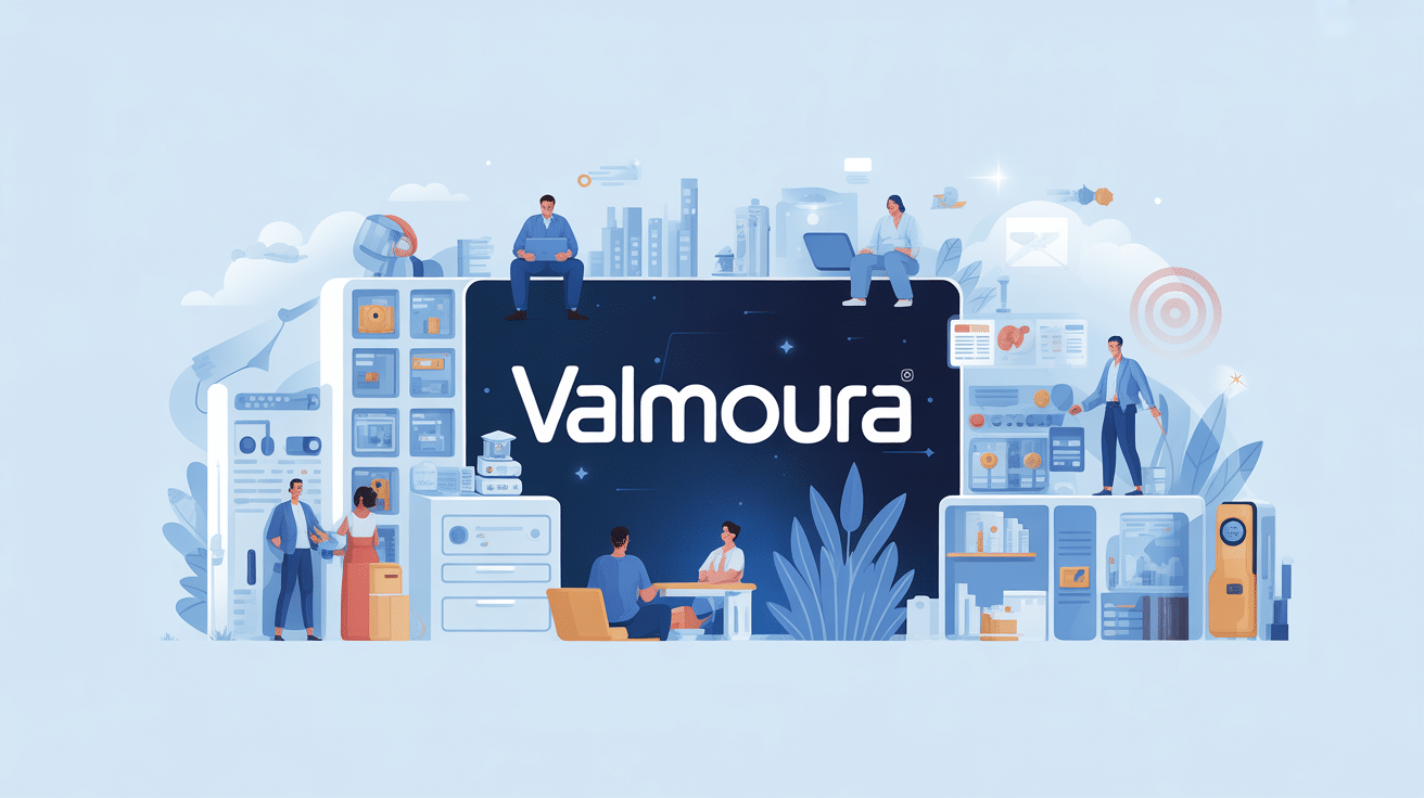 Illustration solution Valmoura avec professionnels et particuliers, ambiance technologique dynamique