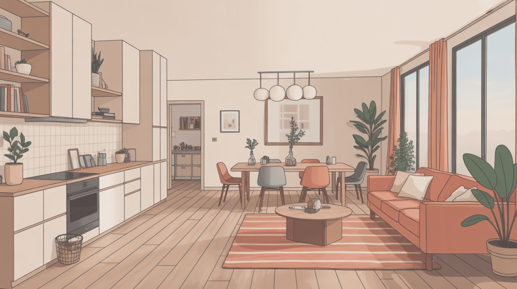 Vue générale amenagement salon salle à manger 20m2 moderne