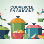 Couvercles en silicone colorés sur différents récipients, ambiance cuisine propre