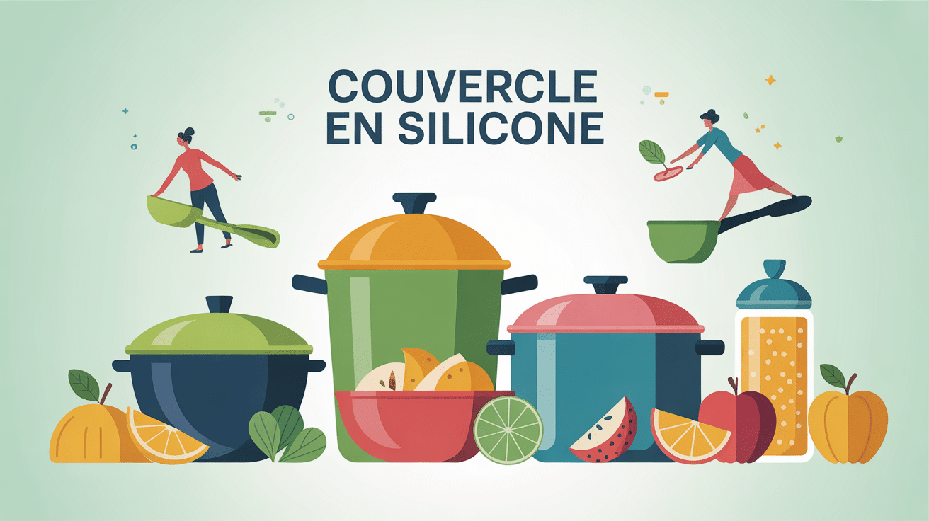 Couvercles en silicone colorés sur différents récipients, ambiance cuisine propre