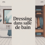 Dressing dans salle de bain contemporain avec coin dressing organisé