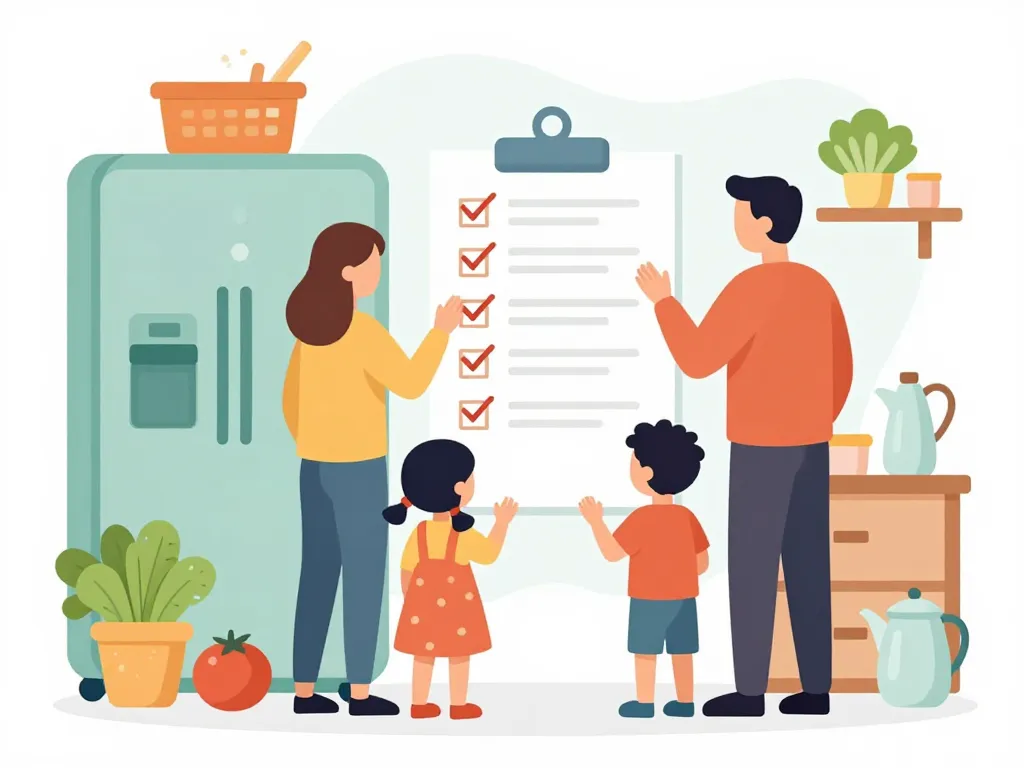 Famille utilisant une liste de courses à imprimer