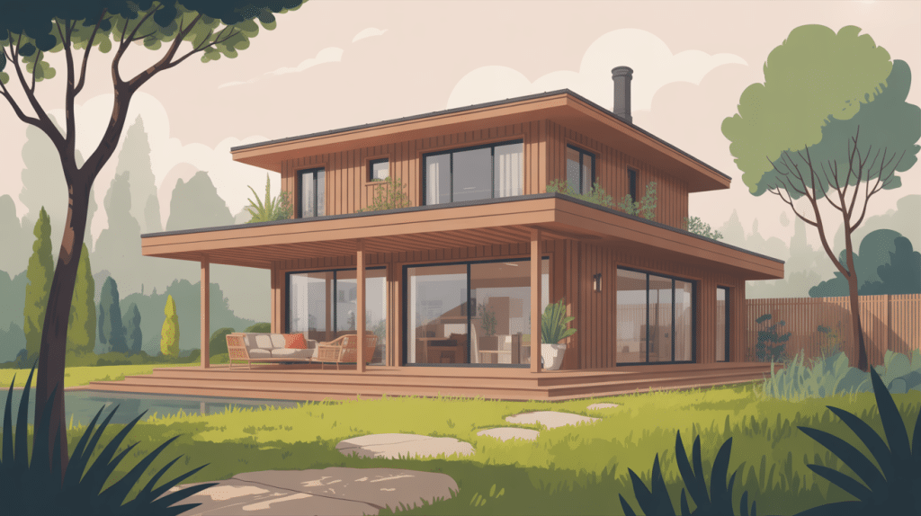 illustration toit plat ossature bois maison moderne
