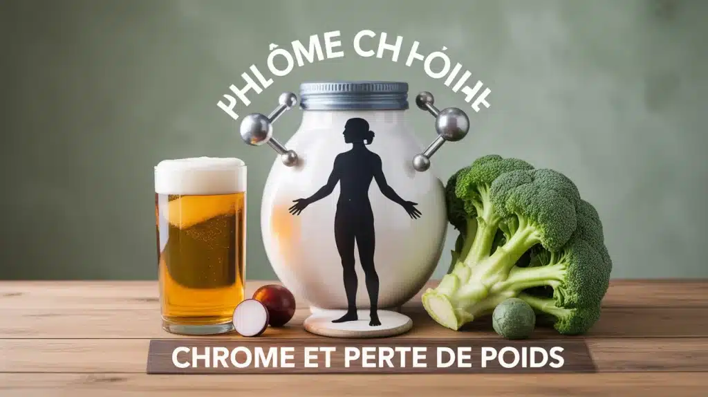 Illustration chrome et perte de poids avec silhouette humaine et aliments riches en chrome