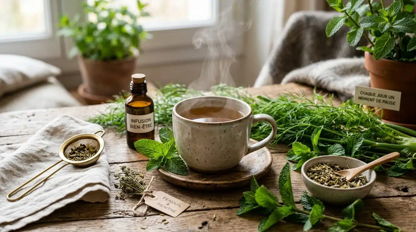 Une tasse d'infusion aux plantes pour un ventre plat avec du fenouil et de la menthe fraîche.