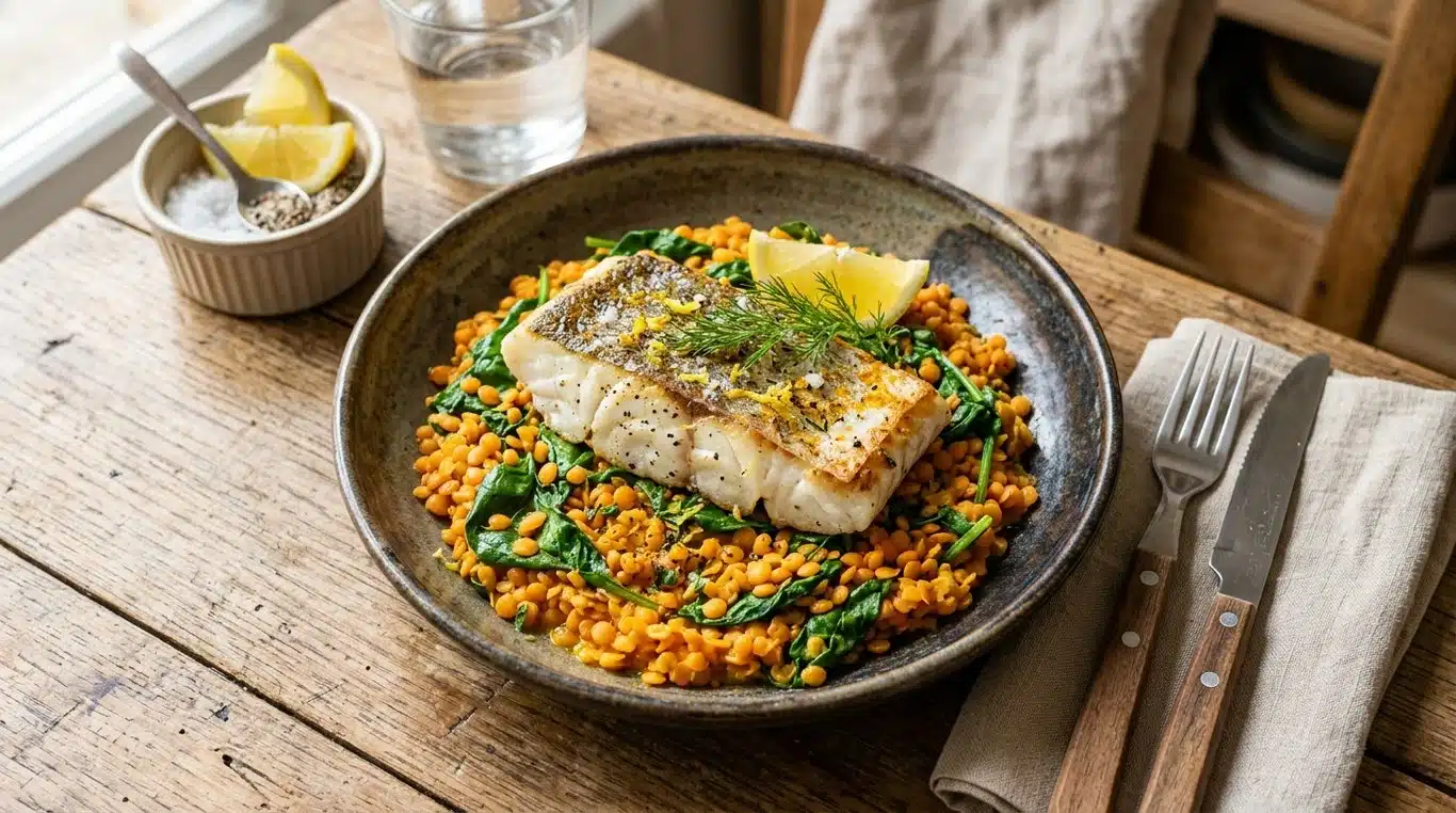 Pavé de colin aux lentilles corail et curcuma, un repas protéiné idéal pour le soir.