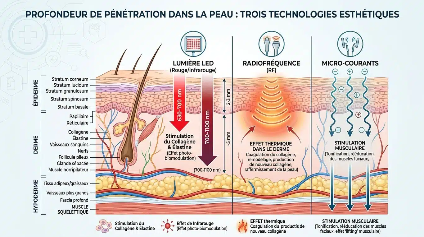 Schéma scientifique montrant la profondeur de pénétration des technologies LED, radiofréquence et micro-courants dans les couches de la peau.