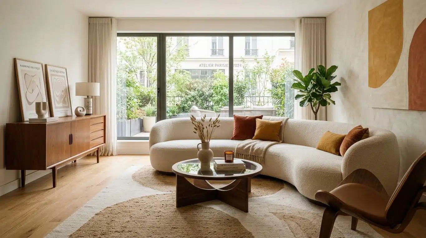 Canapé tendance 2024 aux formes organiques en tissu bouclé dans un salon moderne