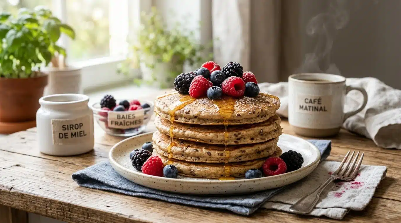 Pancakes protéinés sains et appétissants avec des fruits rouges