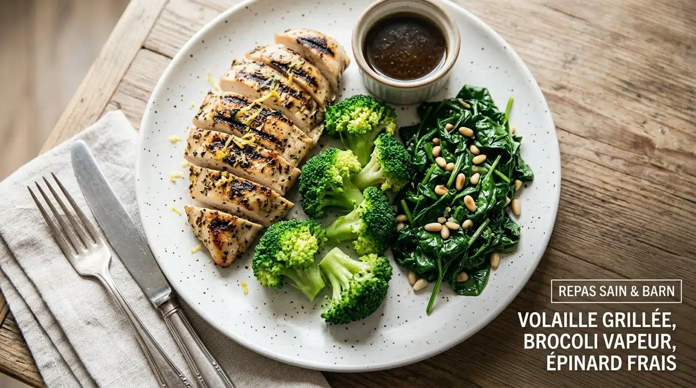 Assiette équilibrée riche en protéines avec poulet grillé et légumes verts