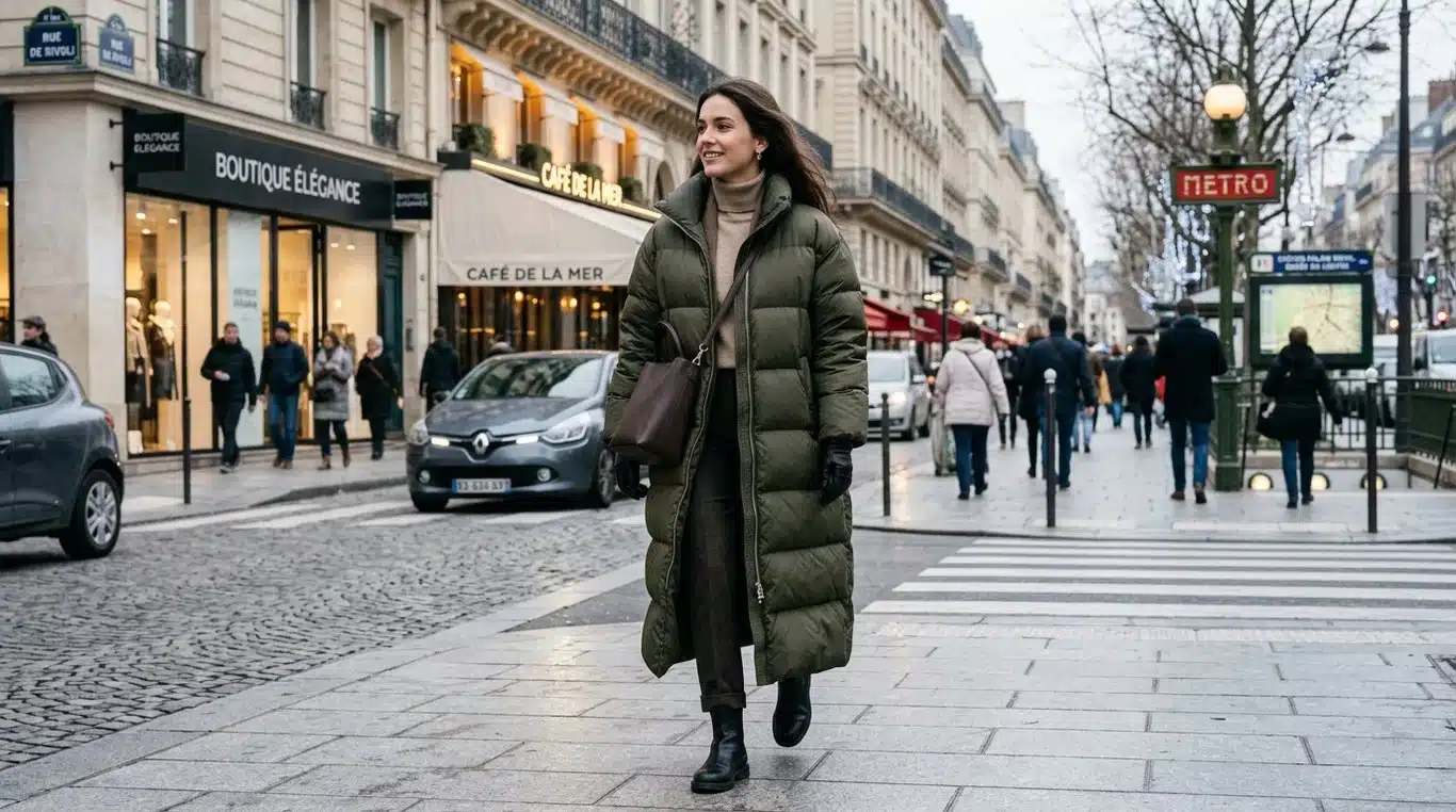 Femme portant une doudoune très longue élégante dans une rue urbaine en hiver