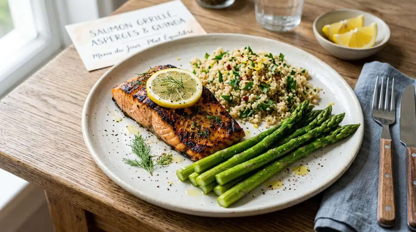 Assiette équilibrée composée de saumon grillé, asperges vapeur et quinoa pour un repas ventre plat.