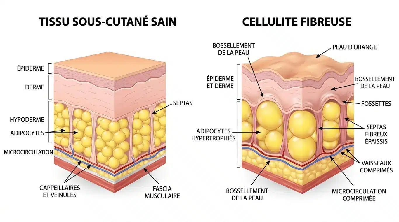 Schéma comparatif : peau saine versus cellulite fibreuse incrustée