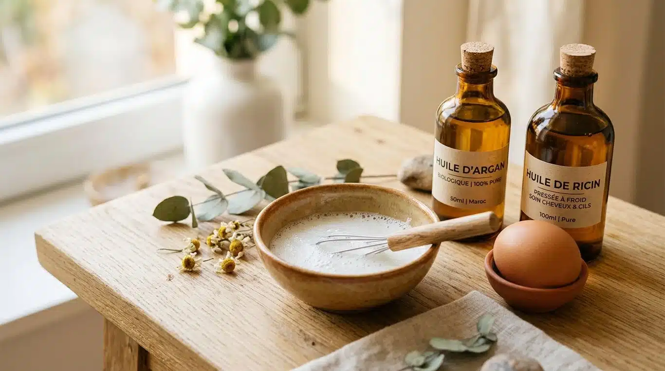 Ingrédients naturels pour un masque raffermissant maison : blanc d'œuf et huiles végétales