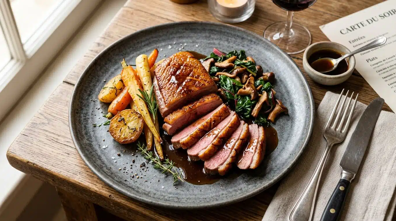 Magret de canard rôti et sa réduction au miel cuisiné dans une poêle en inox