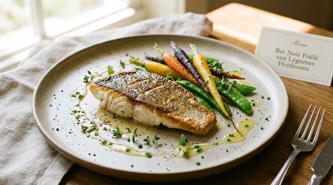 Filet de bar aux petits légumes de saison, recette signature de L'Entre Pots