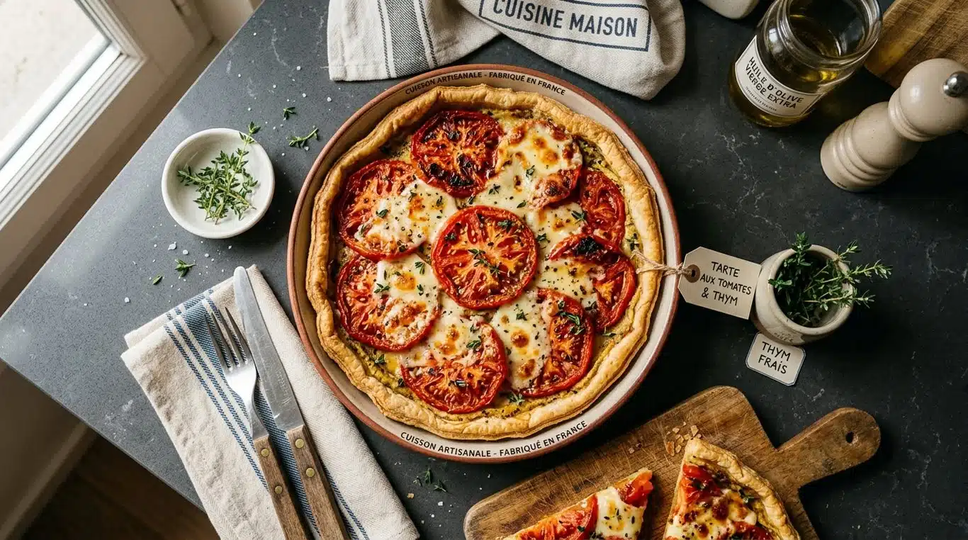 Tarte fine aux tomates et moutarde de Dijon sur un plan de travail de cuisine