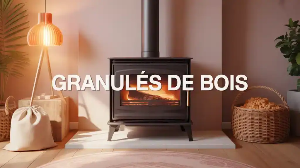 poêle moderne avec granulés de bois dans un intérieur cosy
