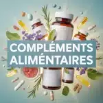 Illustration vectorielle de compléments alimentaires avec flacons et capsules