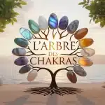 Illustration L’Arbre des Chakras avec arbre et pierres naturelles colorées