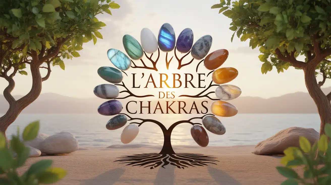 Illustration L’Arbre des Chakras avec arbre et pierres naturelles colorées